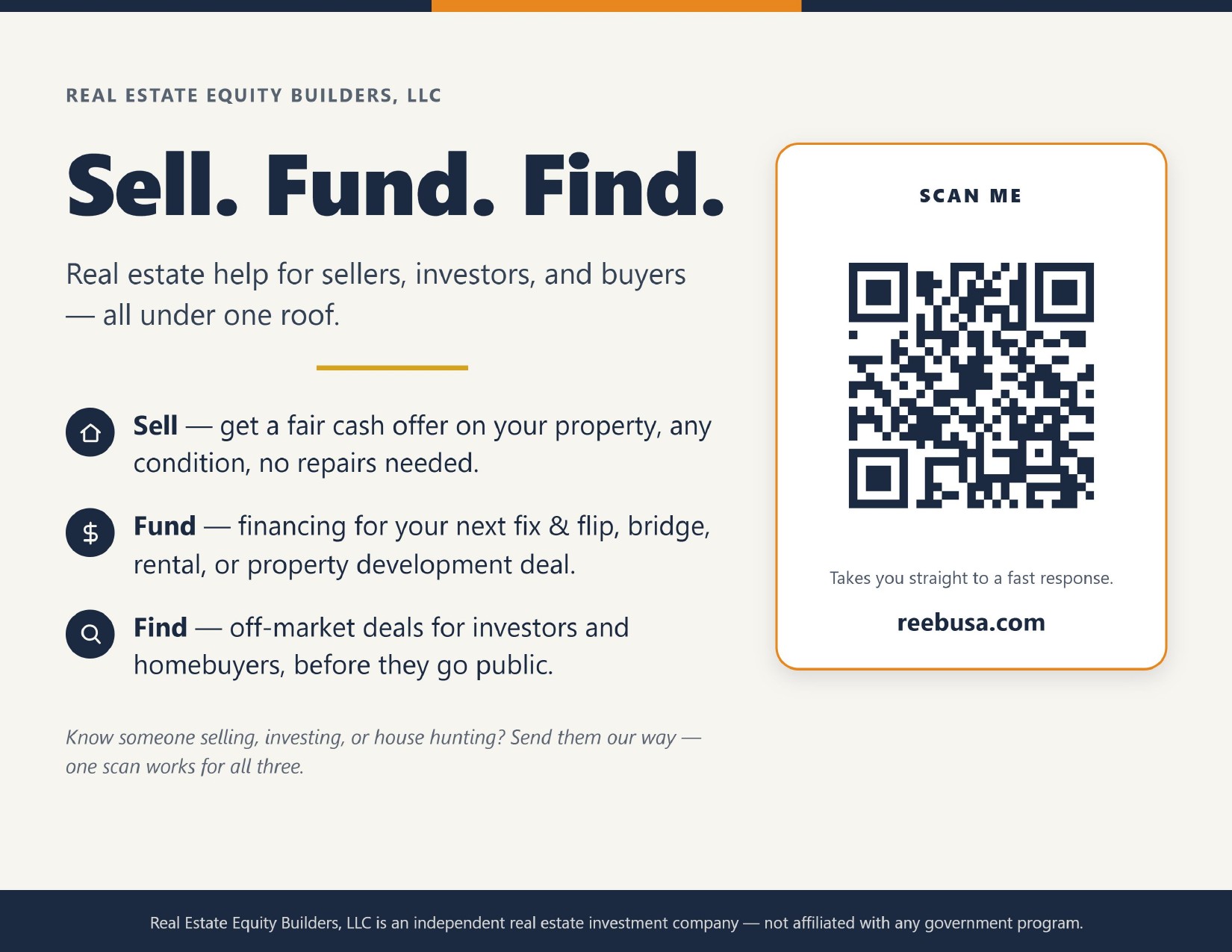 REEB seatback display &mdash; "Sell. Fund. Find." ad with QR code, mounted behind the front passenger seat